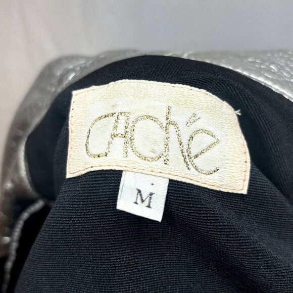 Vintage Cache Peplum Leather Womens Blazer Jacket Stretch Fabric Silver Black - Picture 10 of 11